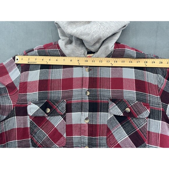 Wrangler Authentics Jacket Mens Large Red Gray Plaid Hooded Flannel Lined Shirt - Picture 11 of 11